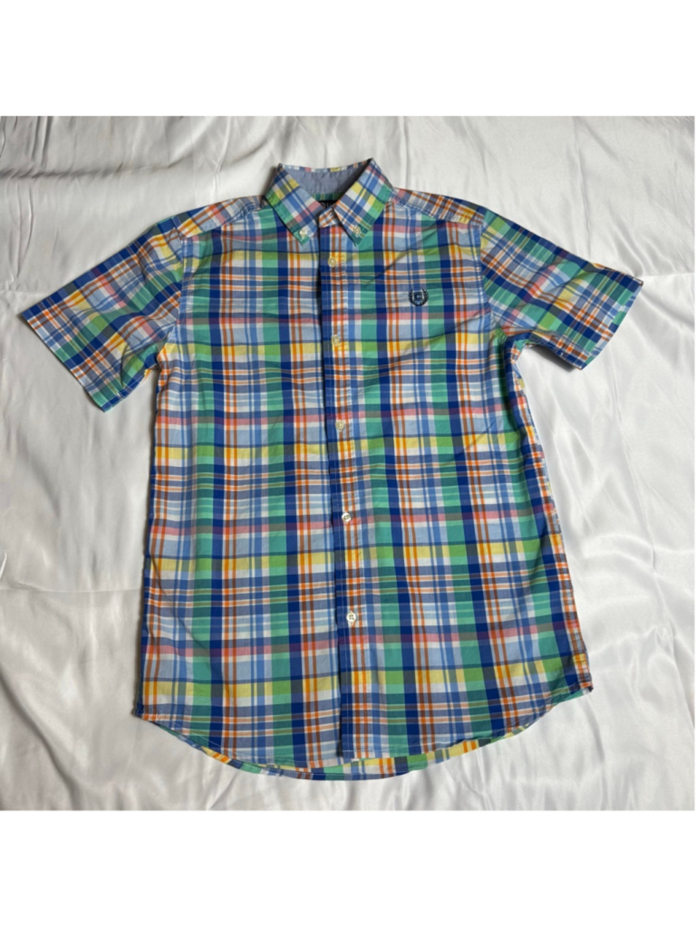 Boys Chaps Plaid Button Down Shirt L 14/16 Blue Green